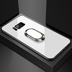 Silicone Frame Mirror Case Cover with Magnetic Finger Ring Stand for Samsung Galaxy S8 White
