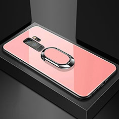 Silicone Frame Mirror Case Cover with Magnetic Finger Ring Stand for Samsung Galaxy S9 Plus Rose Gold