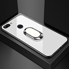 Silicone Frame Mirror Case Cover with Magnetic Finger Ring Stand for Xiaomi Mi 8 Lite White