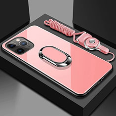 Silicone Frame Mirror Case Cover with Magnetic Finger Ring Stand T01 for Apple iPhone 11 Pro Max Pink