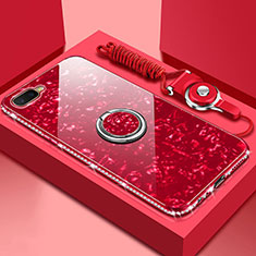 Silicone Frame Mirror Case Cover with Magnetic Finger Ring Stand T01 for Oppo R15X Red