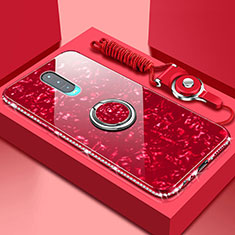 Silicone Frame Mirror Case Cover with Magnetic Finger Ring Stand T01 for Oppo R17 Pro Red