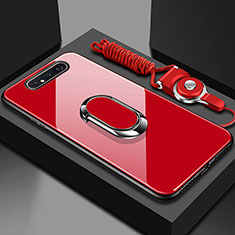 Silicone Frame Mirror Case Cover with Magnetic Finger Ring Stand T01 for Samsung Galaxy A80 Red