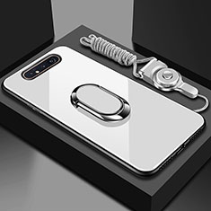 Silicone Frame Mirror Case Cover with Magnetic Finger Ring Stand T01 for Samsung Galaxy A80 White