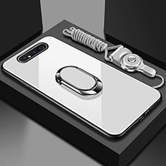 Silicone Frame Mirror Case Cover with Magnetic Finger Ring Stand T01 for Samsung Galaxy A90 4G White