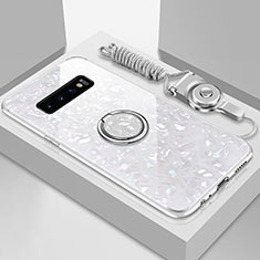 Silicone Frame Mirror Case Cover with Magnetic Finger Ring Stand T01 for Samsung Galaxy S10 5G White