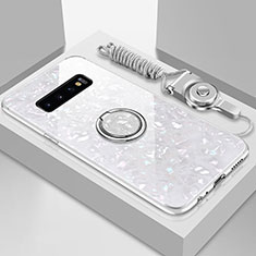 Silicone Frame Mirror Case Cover with Magnetic Finger Ring Stand T01 for Samsung Galaxy S10 Plus White