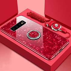 Silicone Frame Mirror Case Cover with Magnetic Finger Ring Stand T01 for Samsung Galaxy S10 Red