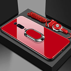Silicone Frame Mirror Case Cover with Magnetic Finger Ring Stand T01 for Xiaomi Mi 9T Pro Red