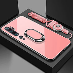 Silicone Frame Mirror Case Cover with Magnetic Finger Ring Stand T01 for Xiaomi Mi Note 10 Pro Pink