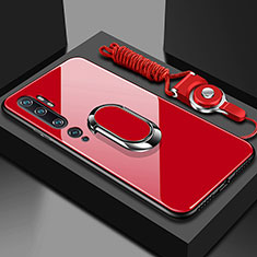 Silicone Frame Mirror Case Cover with Magnetic Finger Ring Stand T01 for Xiaomi Mi Note 10 Pro Red