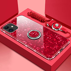 Silicone Frame Mirror Case Cover with Magnetic Finger Ring Stand T02 for Apple iPhone 11 Red