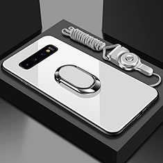 Silicone Frame Mirror Case Cover with Magnetic Finger Ring Stand T02 for Samsung Galaxy S10 Plus White