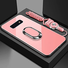 Silicone Frame Mirror Case Cover with Magnetic Finger Ring Stand T02 for Samsung Galaxy S10e Rose Gold