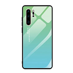 Silicone Frame Mirror Rainbow Gradient Case Cover H01 for Huawei P30 Pro New Edition Cyan