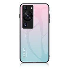 Silicone Frame Mirror Rainbow Gradient Case Cover LS1 for Huawei P60 Pro Cyan