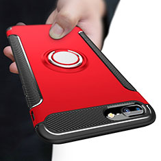 Silicone Matte Finish and Plastic Back Case with Finger Ring Stand A03 for Apple iPhone 7 Plus Red