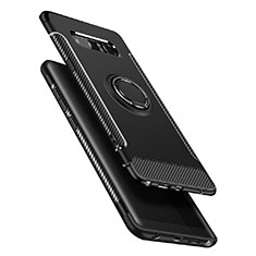 Silicone Matte Finish and Plastic Back Case with Finger Ring Stand for Samsung Galaxy Note 8 Black