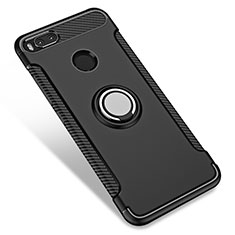 Silicone Matte Finish and Plastic Back Case with Finger Ring Stand for Xiaomi Mi 5X Black