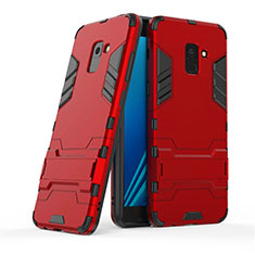 Silicone Matte Finish and Plastic Back Case with Stand for Samsung Galaxy A8+ A8 Plus (2018) Duos A730F Red