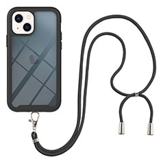 Silicone Matte Finish and Plastic Back Cover Case 360 Degrees with Lanyard Strap for Apple iPhone 14 Black