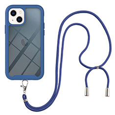 Silicone Matte Finish and Plastic Back Cover Case 360 Degrees with Lanyard Strap for Apple iPhone 14 Blue