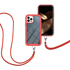 Silicone Matte Finish and Plastic Back Cover Case 360 Degrees with Lanyard Strap for Apple iPhone 14 Pro Red
