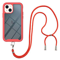 Silicone Matte Finish and Plastic Back Cover Case 360 Degrees with Lanyard Strap for Apple iPhone 15 Red