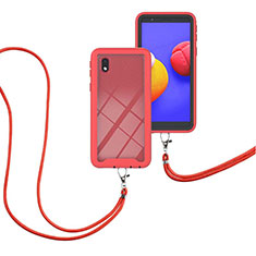 Silicone Matte Finish and Plastic Back Cover Case 360 Degrees with Lanyard Strap for Samsung Galaxy A01 Core Red