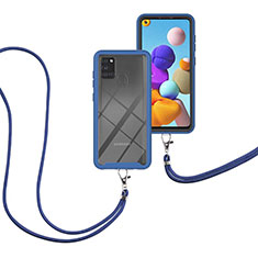 Silicone Matte Finish and Plastic Back Cover Case 360 Degrees with Lanyard Strap for Samsung Galaxy A21s Blue