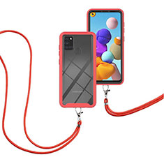 Silicone Matte Finish and Plastic Back Cover Case 360 Degrees with Lanyard Strap for Samsung Galaxy A21s Red