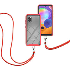 Silicone Matte Finish and Plastic Back Cover Case 360 Degrees with Lanyard Strap for Samsung Galaxy A31 Red