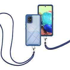 Silicone Matte Finish and Plastic Back Cover Case 360 Degrees with Lanyard Strap for Samsung Galaxy A71 4G A715 Blue