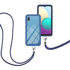 Silicone Matte Finish and Plastic Back Cover Case 360 Degrees with Lanyard Strap for Samsung Galaxy M02 Blue