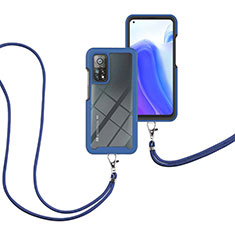 Silicone Matte Finish and Plastic Back Cover Case 360 Degrees with Lanyard Strap for Xiaomi Mi 10T 5G Blue