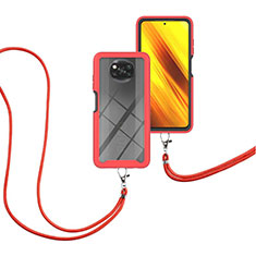Silicone Matte Finish and Plastic Back Cover Case 360 Degrees with Lanyard Strap for Xiaomi Poco X3 NFC Red