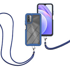 Silicone Matte Finish and Plastic Back Cover Case 360 Degrees with Lanyard Strap for Xiaomi Redmi 9T 4G Blue