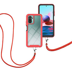 Silicone Matte Finish and Plastic Back Cover Case 360 Degrees with Lanyard Strap for Xiaomi Redmi Note 10 4G Red