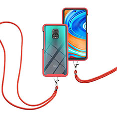 Silicone Matte Finish and Plastic Back Cover Case 360 Degrees with Lanyard Strap for Xiaomi Redmi Note 9 Pro Red