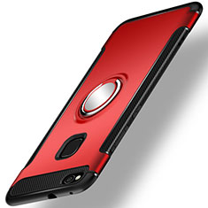 Silicone Matte Finish and Plastic Back Cover Case with Finger Ring Stand for Huawei Honor 8 Lite Red