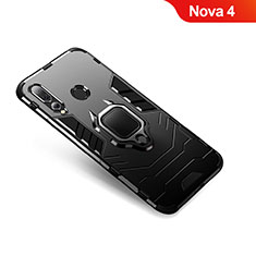 Silicone Matte Finish and Plastic Back Cover Case with Finger Ring Stand for Huawei Nova 4 Black