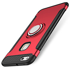 Silicone Matte Finish and Plastic Back Cover Case with Finger Ring Stand for Huawei P10 Lite Red