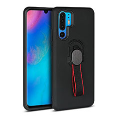 Silicone Matte Finish and Plastic Back Cover Case with Finger Ring Stand for Huawei P30 Pro Black