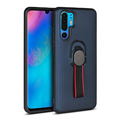 Silicone Matte Finish and Plastic Back Cover Case with Finger Ring Stand for Huawei P30 Pro Blue