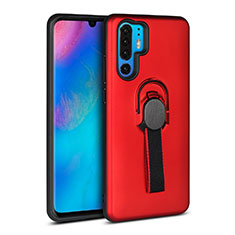 Silicone Matte Finish and Plastic Back Cover Case with Finger Ring Stand for Huawei P30 Pro New Edition Red
