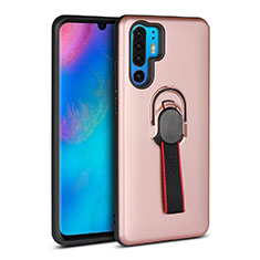 Silicone Matte Finish and Plastic Back Cover Case with Finger Ring Stand for Huawei P30 Pro Rose Gold