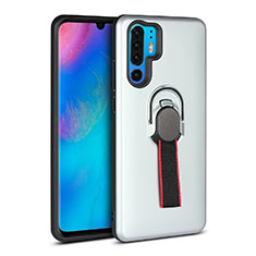 Silicone Matte Finish and Plastic Back Cover Case with Finger Ring Stand for Huawei P30 Pro Silver