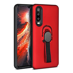 Silicone Matte Finish and Plastic Back Cover Case with Finger Ring Stand for Huawei P30 Red
