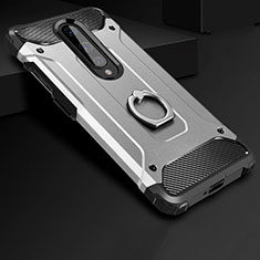 Silicone Matte Finish and Plastic Back Cover Case with Finger Ring Stand for OnePlus 8 Silver