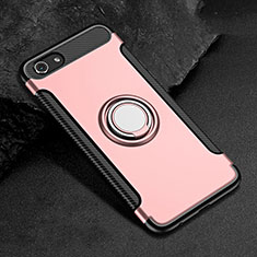 Silicone Matte Finish and Plastic Back Cover Case with Finger Ring Stand for Oppo A3 Rose Gold
